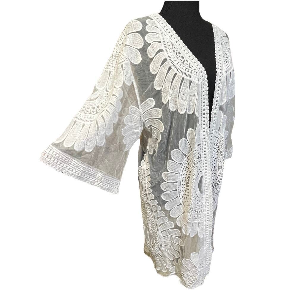 Embroidered Mesh Sheer Kimono Duster Womens Medium Ivory Boho Festival Fairy